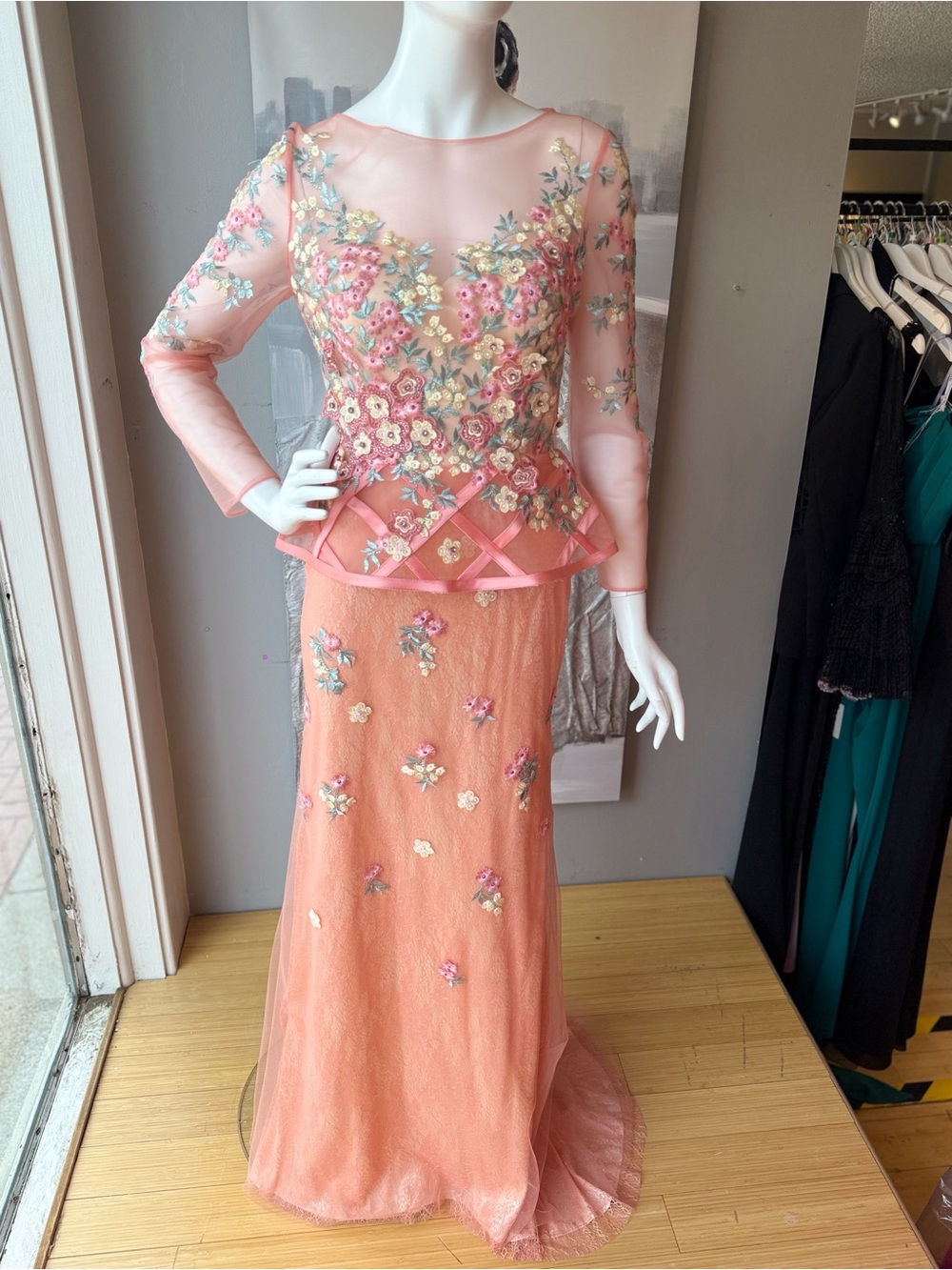 Peach Floral Embroidered Long Sleeve Evening Gown